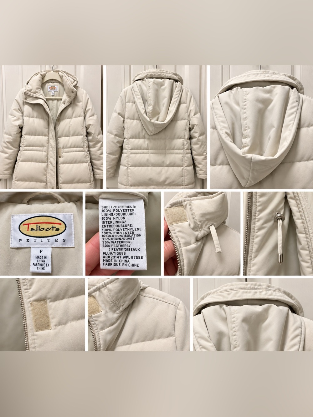 Talbots Petites P Cream Down Hooded Puffer Coat Winter Jacket